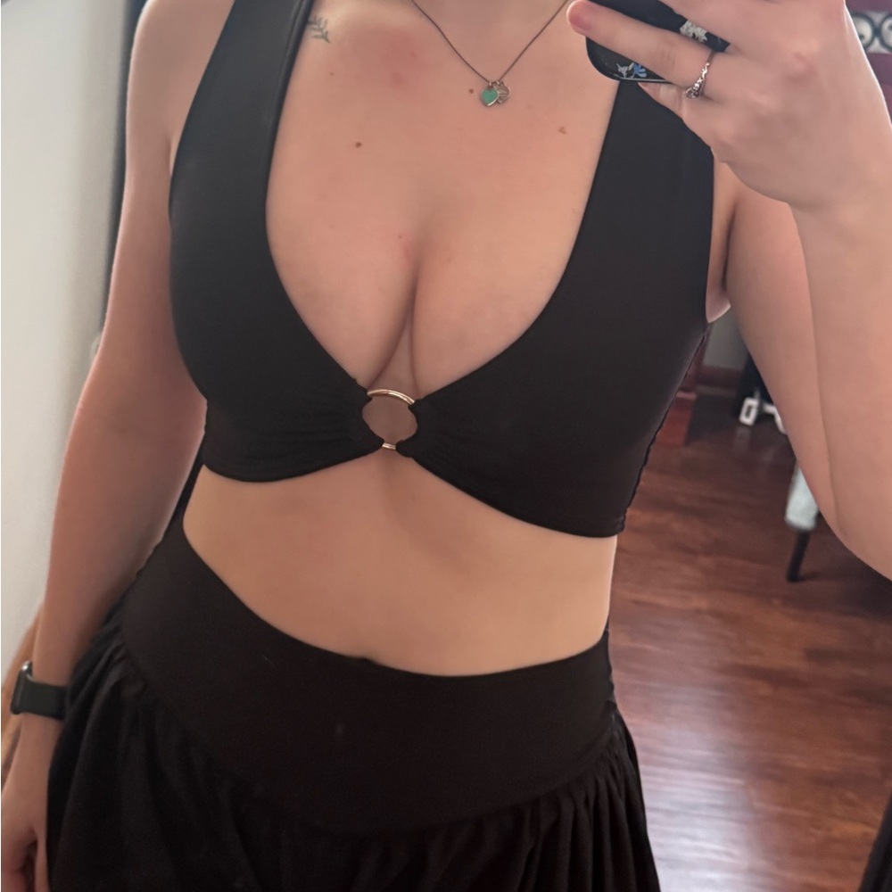 Black Deep V Crop Top with Ring Detail